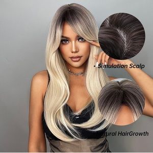 Human hair blend blonde layered wig with bang